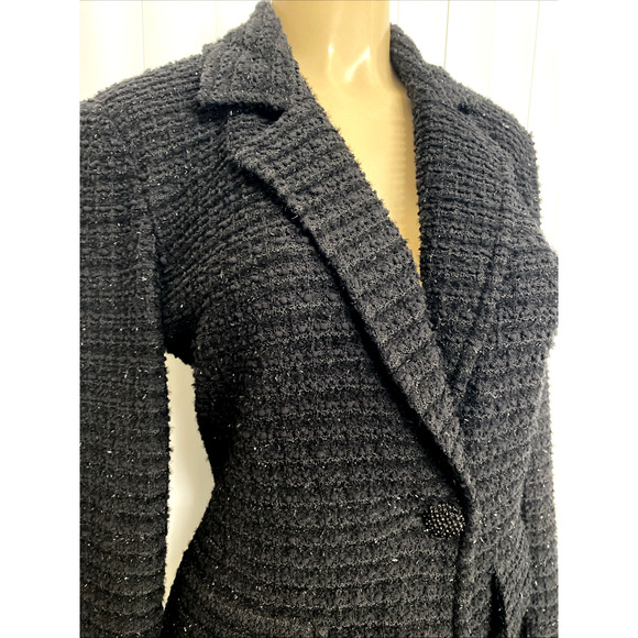 St John Jacket Blazer Knit Black Textured Tweed One Button Shimmer Long Sleeve 6 - Picture 4 of 8